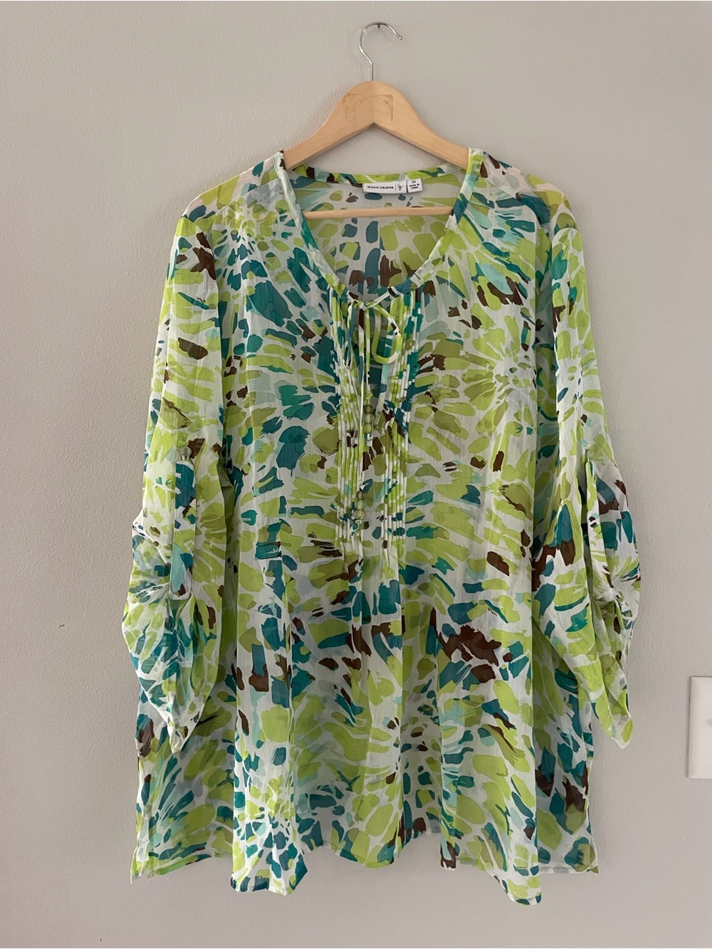 Susan Graver Green Brushstroke Pintuck Tie-Neck Tunic